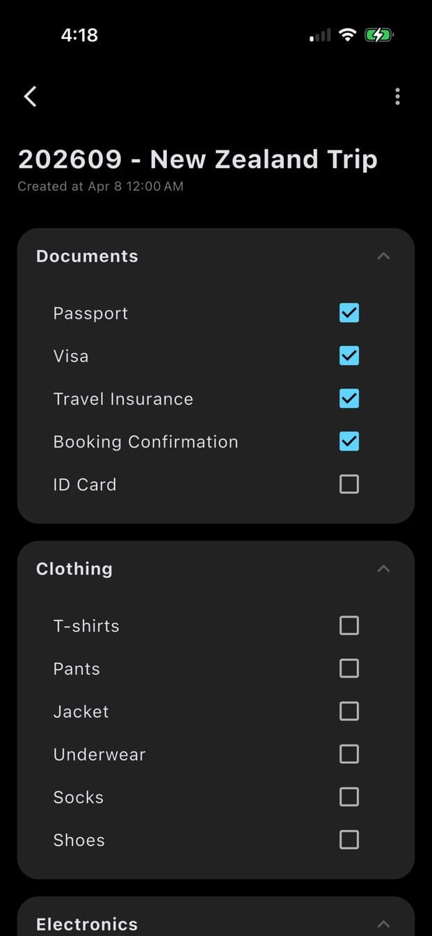 A New Zealand trip checklist with documents and clothing sections