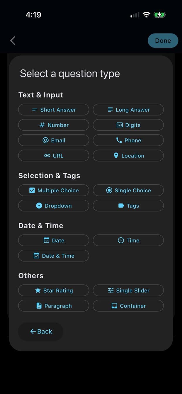 The list of question types available when building a form