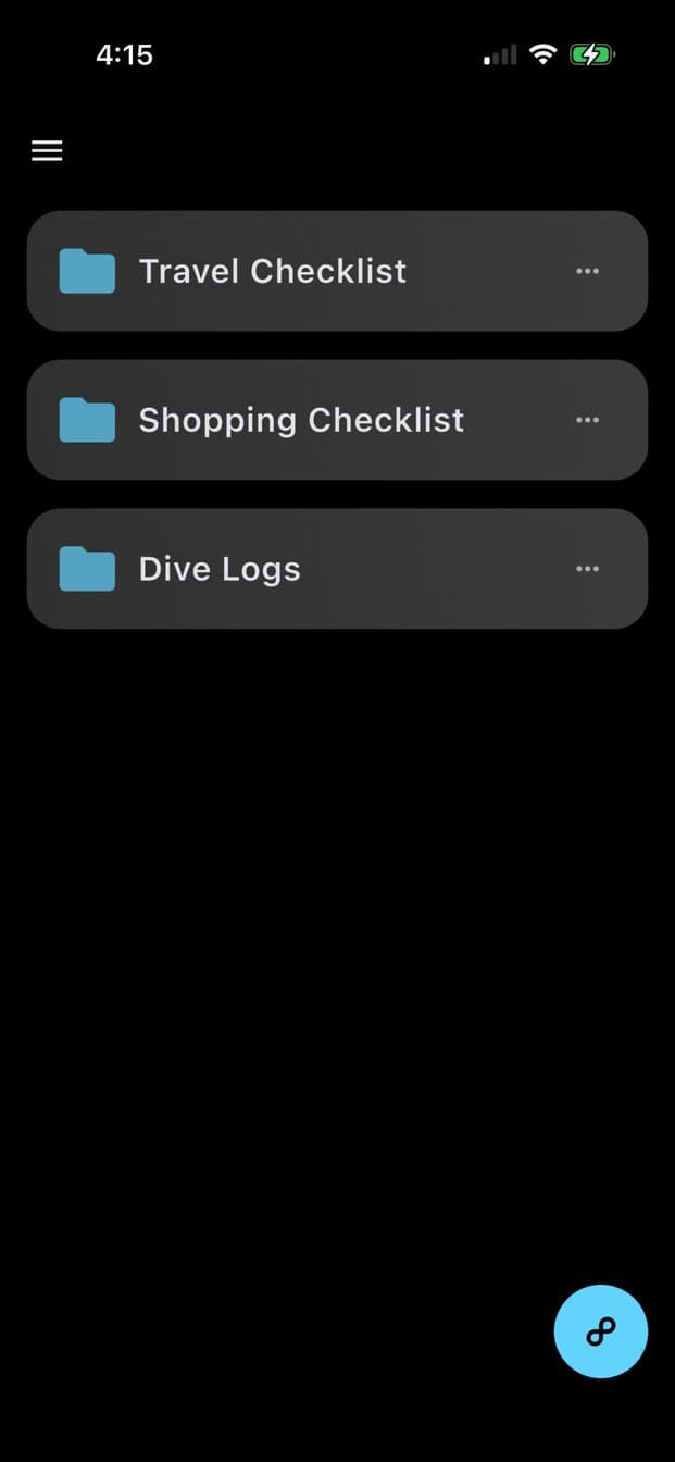 Formation home screen with folders for travel checklist, shopping checklist, and dive logs