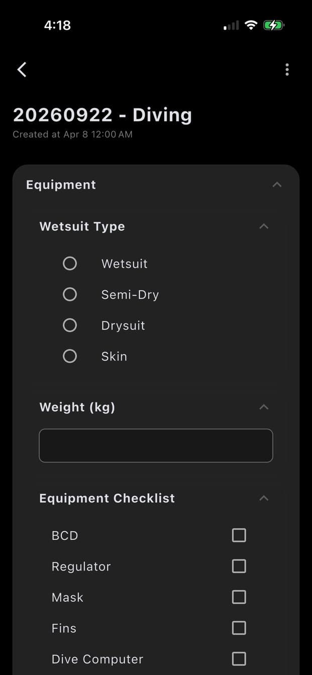 A form with a wetsuit type choice, a weight field, and an equipment checklist