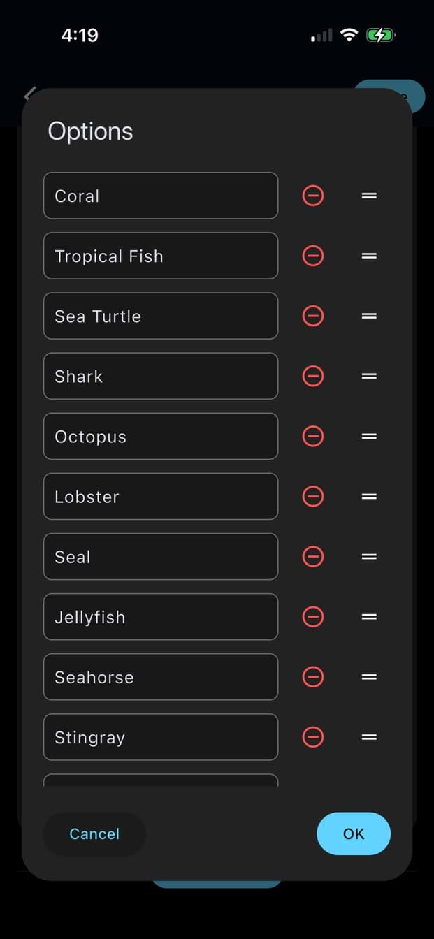 Editing the list of options for a multiple choice question